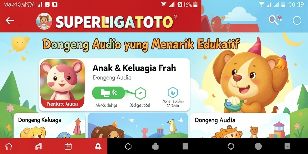 Tampilan antarmuka <strong>SUPERLIGATOTO</strong> yang ramah anak untuk dongeng audio.